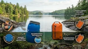 Comparative graphic showing water resistance levels of blue barrels and roll-top dry bags.