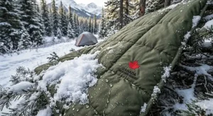 Close-up illustration of a camping blanket for cold weather resisting melting snow and moisture.