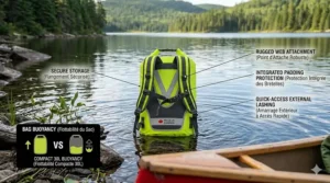 A 30L dry bag for canoe camping floating safely on the water.