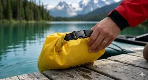 Illustration showing the roll-top seal mechanism of a waterproof dry bag.