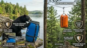 Diagram illustrating secure food storage methods in the Canadian backcountry.