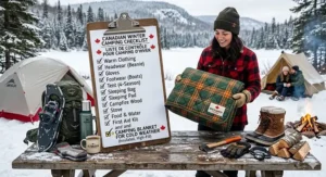 Illustrated checklist featuring a warm camping blanket for cold weather packed for a Canadian winter trip.