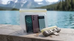 Universal waterproof phone case holding various smartphone models for paddling.