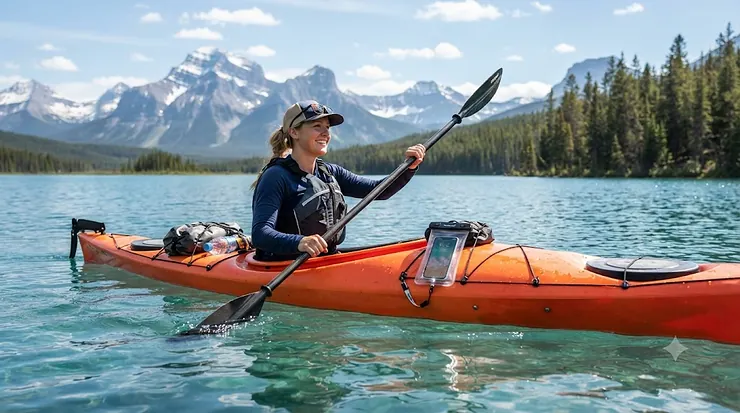 Person kayaking on a Canadian lake with a waterproof phone case.