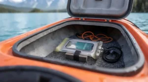 Slim waterproof phone case stored easily in a kayak cockpit hatch.