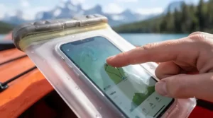 User using a touchscreen phone through a clear waterproof kayaking case.
