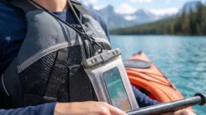 Waterproof phone case attached to a life jacket during a kayaking excursion.