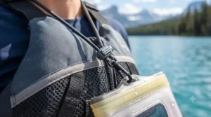 Durable neck lanyard on a waterproof phone case for safe kayaking.