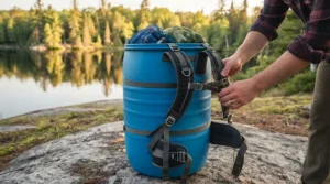 Ensuring the waterproof lid is tightly sealed on a canoe barrel. (Vérification de l'étanchéité du couvercle d'un baril de canot.)