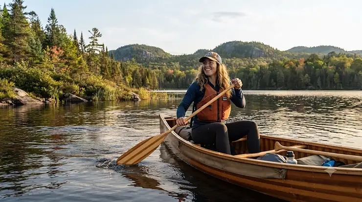 An adult wearing a Transport Canada-approved adult PFD for canoeing on a calm Canadian lake surrounded by pine trees.