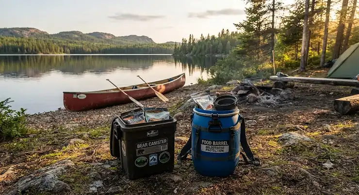 Illustration comparing a hard-sided bear canister and a plastic food barrel for canoe camping in Canada. bear canister vs food barrel canoe camping