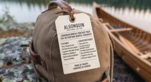 English and French product specifications tag attached to a high-performance nylon portage pack sold in Canadian outdoor retailers.