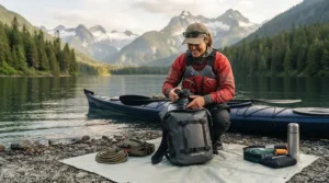 Exploring the BC coastline with a reliable waterproof camera bag for kayaking.