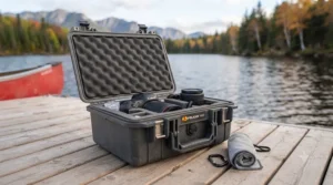 A camera equipped with a waterproof rain cover during a cloudy day on the water.