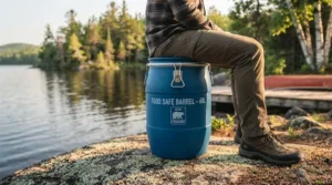 Canoeist sitting on a sturdy food safe canoe barrel at camp.