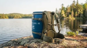 Adjustable harness system attached to a food safe canoe barrel.