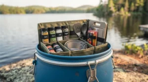 Interior kitchen organizer kit inside a food safe canoe barrel.