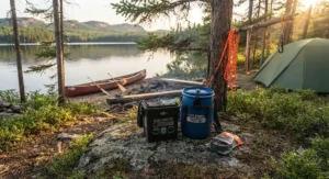 Scenic view of a Canadian backcountry campsite showing proper food storage distance.