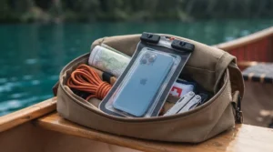 Waterproof phone pouch stored safely inside a canoe gear bag.