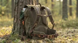 A low-profile large canoe trip pack 70L neatly stowed under the gunwales of an expedition canoe. / Grand sac de canot 70L compact rangé sous le plat-bord d'un canot d'expédition.