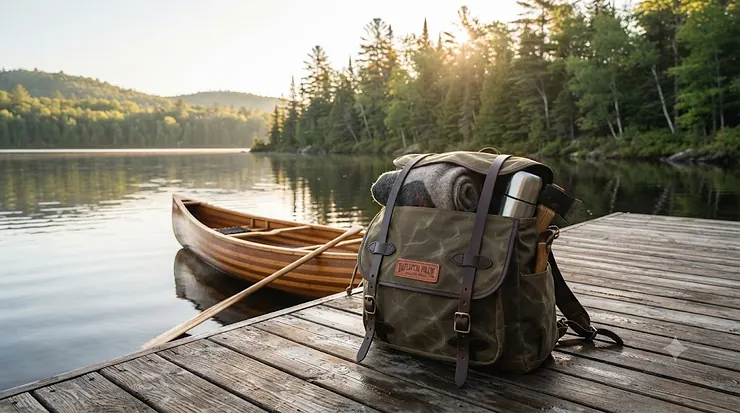 A rugged canvas duluth pack resting on a wooden dock beside a canoe, ready for a backcountry camping trip in Algonquin Provincial Park.