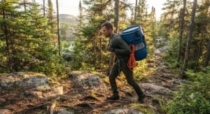 A canoeist carrying a blue food barrel on a rugged Canadian portage trail.