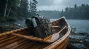 Heavy-duty buckles and side compression straps cinched tightly on a large canoe trip pack 70L. / Boucles robustes et sangles de compression ajustées sur un grand sac de canot 70L.