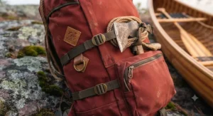 Side compression straps and gear loops on a nylon portage pack used to secure axes and saws during remote expeditions.