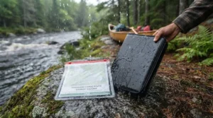 Testing waterproof gear against rain and lake spray during a Canadian portage.