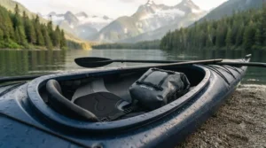 A rugged, waterproof camera bag for kayaking secured to the deck of a kayak.