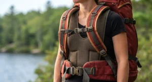 Ergonomic shoulder straps and padded hip belt on a nylon portage pack designed for heavy load distribution on long portage trails.