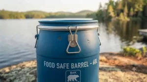 Securely latched food safe canoe barrel preventing bear access.