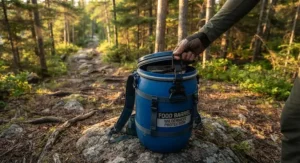 Close-up of a blue food barrel seal to ensure it is waterproof for canoe trips.