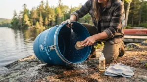 Cleaning a food safe canoe barrel after a wilderness trip.