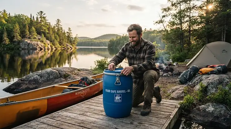 Person packing a food safe canoe barrel at a Canadian lake campsite.