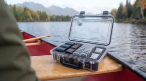 A durable hardshell protective case strapped securely inside a canoe for travel.