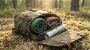 Adjustable padded shoulder straps and supportive hip belt on a large canoe trip pack 70L. / Bretelles rembourrées et ceinture ajustables d'un grand sac de canot 70L pour le portage.