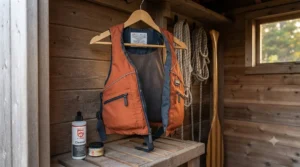Technical cutaway of a mesh-backed adult PFD for canoeing designed to fit comfortably against canoe bucket seats.