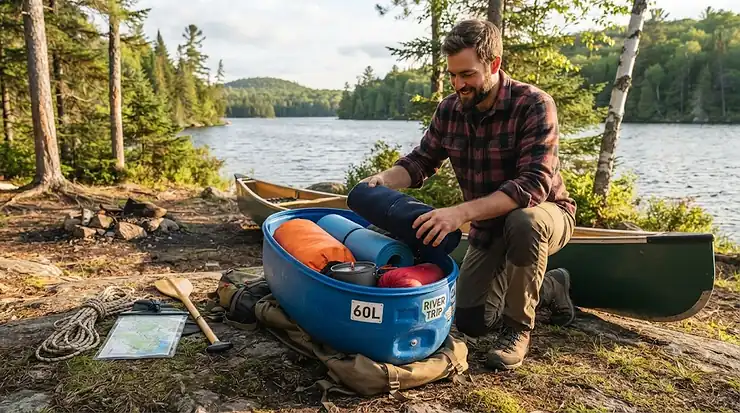 Preparing an empty 60L canoe barrel before a portage camping trip. (Préparation d'un baril de canot de 60L vide avant un voyage en camping.) how to pack a canoe barrel for a portage trip