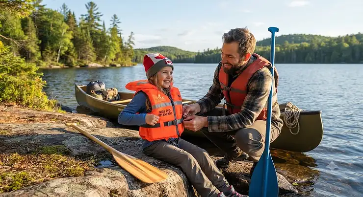 A smiling child wearing a Transport Canada-approved kids PFD for canoe camping by a pristine lake in Algonquin Park.