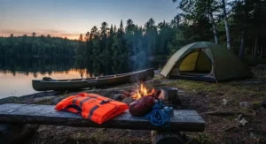 A colorful kids PFD for canoe camping resting on a log next to a tent at a backcountry wilderness campsite in Ontario.