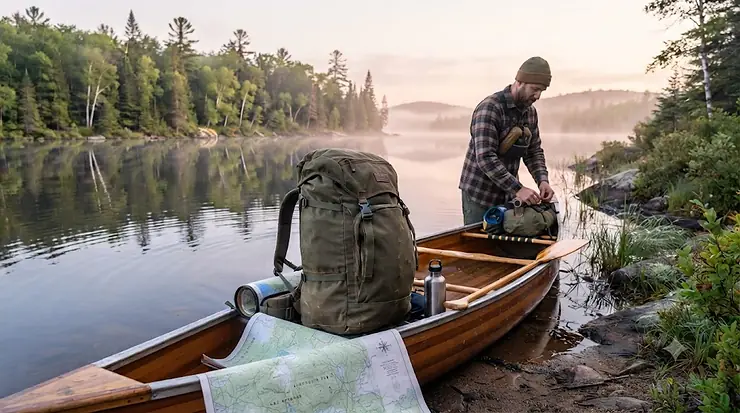 A large canoe trip pack 70L sitting loaded in a kevlar canoe on an early morning wilderness lake in Algonquin Park, Ontario. / Grand sac de voyage canot 70L dans un canot sur un lac sauvage en Ontario.