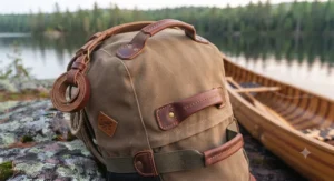Multiple reinforced grab handles stitched onto the sides and bottom of a nylon portage pack for effortless loading into canoes.