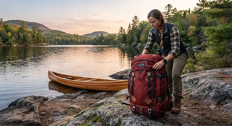 A heavy-duty nylon portage pack resting on a rocky Canadian Shield shoreline during a backcountry canoe trip in Ontario. nylon portage pack review