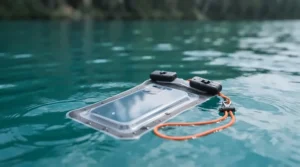 Waterproof phone pouch floating on water during a canoe trip.