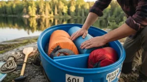 Positioning heavy food items near the center of a canoe barrel for stability. (Positionnement des articles alimentaires lourds au centre d'un baril de canot.)