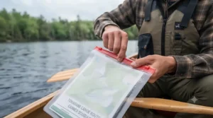 Demonstrating the quick-access seal of a waterproof map case in a canoe.