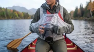 Protecting a camera inside a padded backpack during a scenic Canadian portage trail.