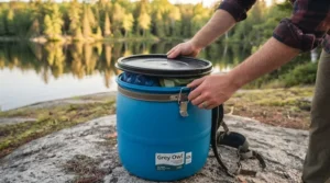 Canoeist comfortably carrying a packed barrel on a rugged Canadian portage trail. (Canoteur transportant un baril sur un sentier de portage au Canada.)