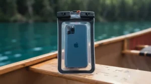 Smartphone inside a transparent waterproof phone pouch for canoeing.